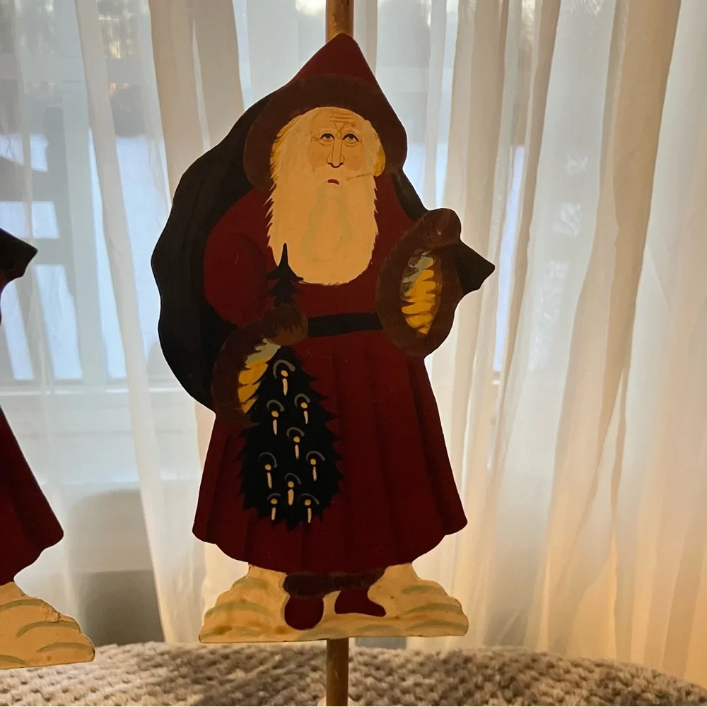 Set of Vintage, Folk Art Style, Farmhouse Santa Claus 19” Metal‎ Candle Holders